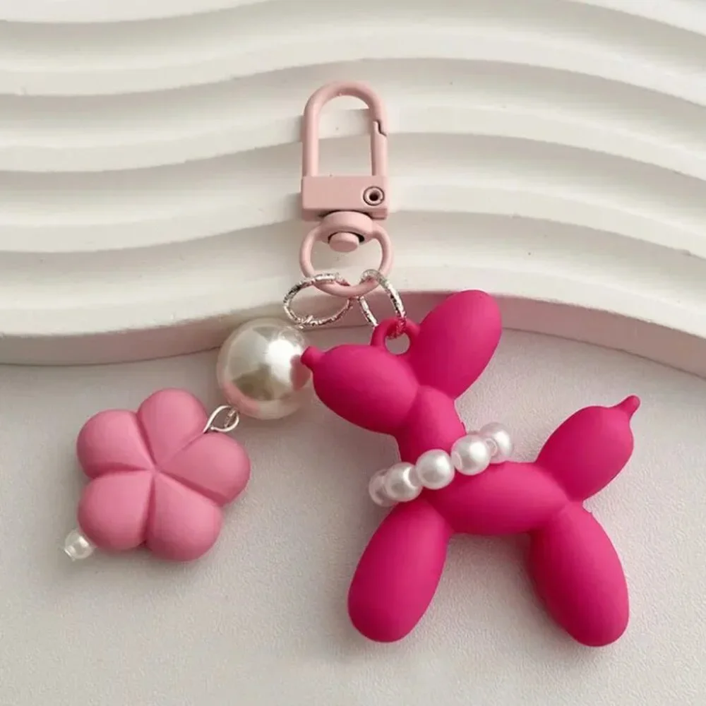 💕Set of 2 Cute Balloon Dog with Pearls & Flower Charm Keychains Pink & Fuchsia - Picture 3 of 5